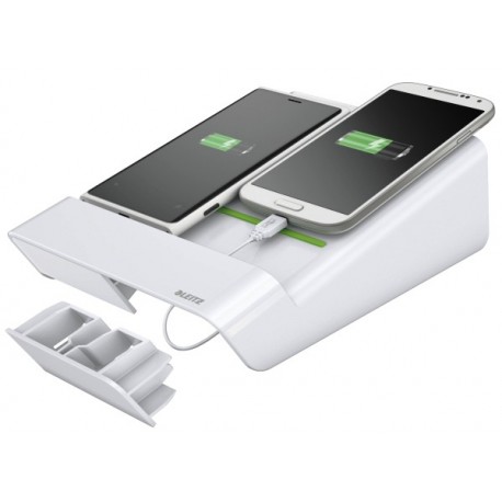 Duo-incarcator de birou LEITZ Complete, pentru 2 smartphone-uri sau o tableta PC - alb