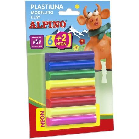 Plastilina standard, 6 + 2 neon x 17 gr./blister, ALPINO - 8 culori asortate