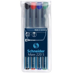 Universal permanent marker SCHNEIDER Maxx 220 S, varf 0.4mm, 4 culori/set - (N, R, A, V)