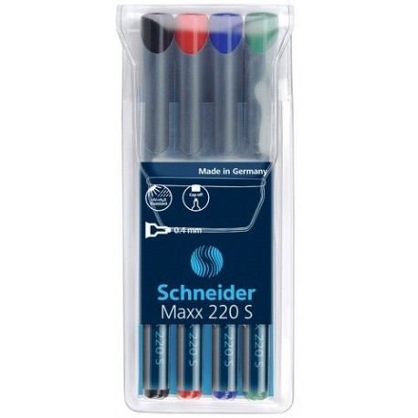 Universal permanent marker SCHNEIDER Maxx 220 S, varf 0.4mm, 4 culori/set - (N, R, A, V)