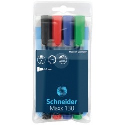 Permanent marker SCHNEIDER Maxx 130, varf rotund 1-3mm, 4 culori/set - (N, R, A, V)