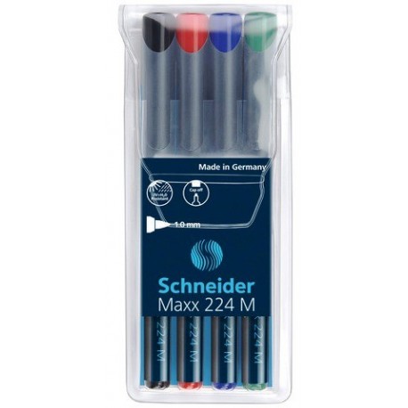 Universal permanent marker SCHNEIDER Maxx 224 M, varf 1mm, 4 culori/set - (N, R, A, V)