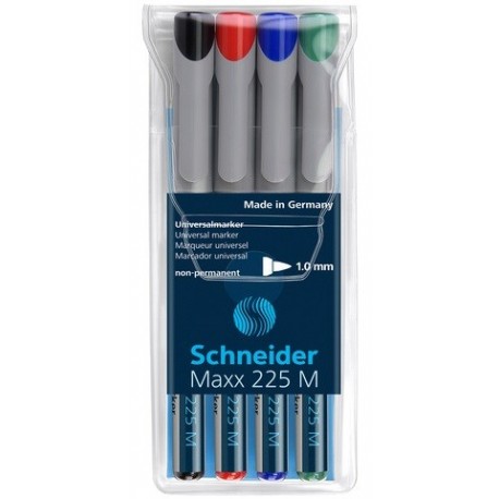 Universal non-permanent marker SCHNEIDER Maxx 225 M, varf 1mm, 4 culori/set - (N, R, A, V)