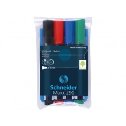 Marker SCHNEIDER Maxx 290, pentru tabla de scris+flipchart, varf rotund 2-3mm, 4 cul/set - (N,R,A,V)