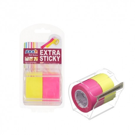 Notes autoadeziv in rola, cu dispenser, 25 mm x 10 m, 2 buc/set, Stick"n - 2 culori neon