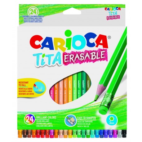 Creioane colorate, hexagonale, 24 culori/cutie, cu guma, CARIOCA Tita Erasable