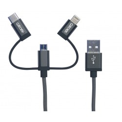 Cablu date GRIXX Optimum - 3 in 1 Micro USB/USB-C/8-pin Apple MFI License, impletit, lungime 1m - gr