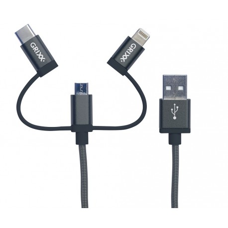 Cablu date GRIXX Optimum - 3 in 1 Micro USB/USB-C/8-pin Apple MFI License, impletit, lungime 1m - gr