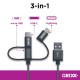 Cablu date GRIXX Optimum - 3 in 1 Micro USB/USB-C/8-pin Apple MFI License, impletit, lungime 1m - gr