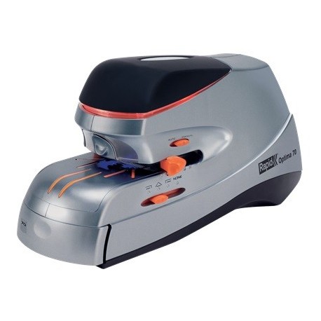 Capsator electric Rapid OPTIMA, cu adaptor, 70 coli, cutie, 500 capse Optima HD70 incluse, argintiu