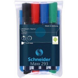 Marker SCHNEIDER Maxx 293, pentru tabla de scris+flipchart, varf tesit 2-5mm, 4 cul/set - (N,R,A,V)