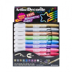 Marker ARTLINE Decorite, varf rotund 1.0mm, 10 culori metalizate/set + 1 folie magnetica neagra