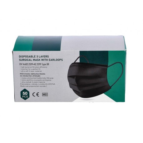 Masca medicala Type IIR - standard EN14683, 3 straturi, unica folosinta, 50 buc/set - neagra