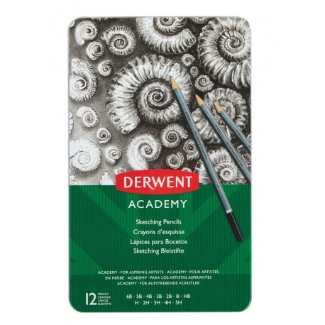 Creioane Grafit 6B-5H DERWENT Academy, cutie metalica, 12 buc/set, negru