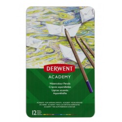 Creioane acuarela DERWENT Academy, cutie metalica, 12 buc/set, diverse culori