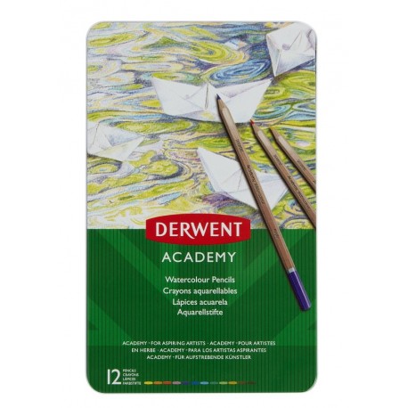 Creioane acuarela DERWENT Academy, cutie metalica, 12 buc/set, diverse culori