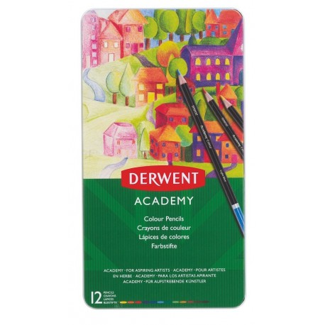 Creioane colorate DERWENT Academy, cutie metalica, 12 buc/set