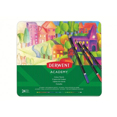 Creioane colorate DERWENT Academy, cutie metalica, 24 buc/set