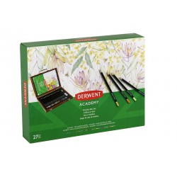 Set complet pentru desen DERWENT Academy, cutie din lemn, creioane colorate, 28 buc/set, culori meta