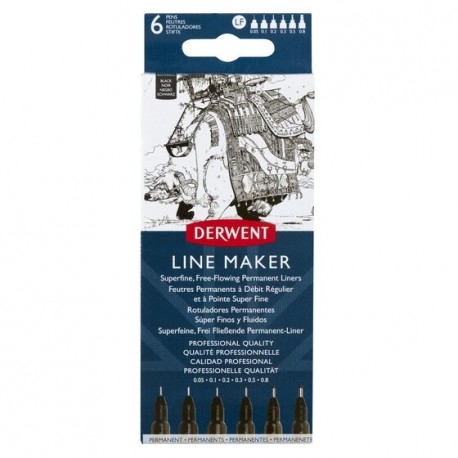 Liner DERWENT Professional, 6 dimensiuni, varf subtire si uscare rapida, 6 buc/set, negru