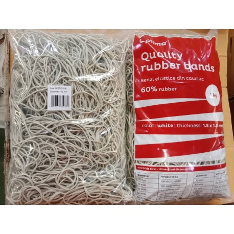 Elastice pentru bani, 60% cauciuc, 1kg/punga, D 90, grosime 1.5mm x 1.5mm, Optima - albe