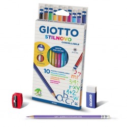 Creioane colorate, cutie carton, 10 culori/cutie + ascutitoare + radiera, GIOTTO Stilnovo Erasable