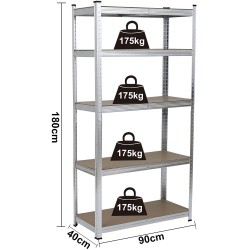 Raft metalic Extra zincat 180x90x40 cm cu 5 polite MDF, 175 kg/polita, montaj fara suruburi, (garantie 7 ani)