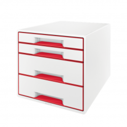 Cabinet cu sertare LEITZ WOW, 4 sertare, PS, reciclabil, A4, cu tavita organizare, alb-rosu