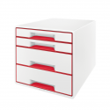Cabinet cu sertare LEITZ WOW, 4 sertare, PS, reciclabil, A4, cu tavita organizare, alb-rosu