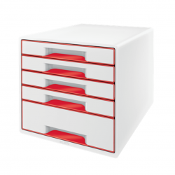 Cabinet cu sertare LEITZ WOW, 5 sertare, PS, reciclabil, A4, cu tavita organizare, alb-rosu