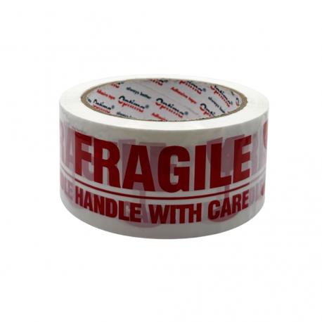 Banda adeziva 48mm x 60 m, 50 microni, pentru ambalare, Optima Fragile - alba cu imprimare rosie