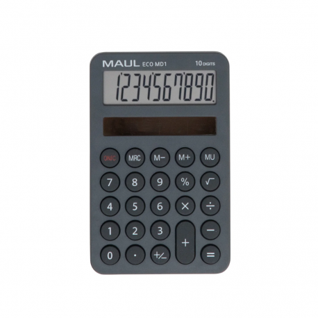 Calculator de buzunar Maul ECO MD1, 10 digits, realizat din plastic reciclat, incarcare solara- gri
