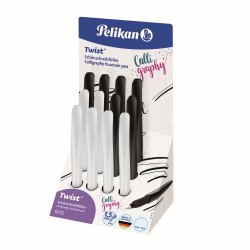 STILOU TWIST CALIGRAFIE PENITA 1.5 MM, GRIP ERGONOMIC, 1 REZERVA ALBASTRA INCLUSA, 2 CULORI ALB/NEGRU, DISPLAY 12 BUC