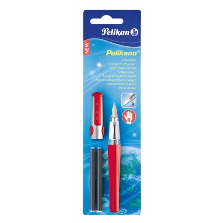 STILOU PELIKANO, PENITA A,CU GRIP PENTRU DREPTACI, ROSU,CU 2 PATROANE, BLISTER