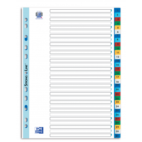 INDEX PLASTIC NUMERIC OXFORD A4 1-31, 31 FILE/SET, 11 PERFORATII PENTRU INDOSARIERE, INCLUDE CUPRINS, CULORI ASORTATE