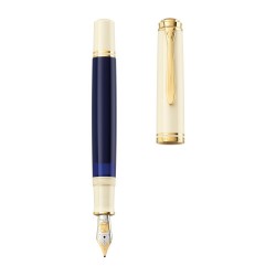 STILOU SOUVERAN M800 CREAM BLUE, PENITA F AUR 18K, ACCESORII PLACATE CU AUR, CORP ALB-ALBASTRU, CUTIE CADOU