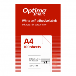 Etichete albe autoadezive 21/A4, 70 x 42,4 mm, 100 coli/top, Optima Smart