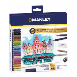 Set creioane colorate-Manley, culori asortate, ascutitoare+radiera incluse, 23 culori/set