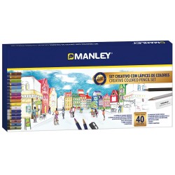 Set creioane colorate-Manley, culori asortate, ascutitoare+radiera incluse, 40 culori/set