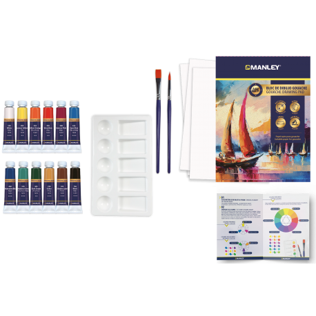 Set tempera acrilica Manley, solubila in apa, 12 ml - 12 culori/set