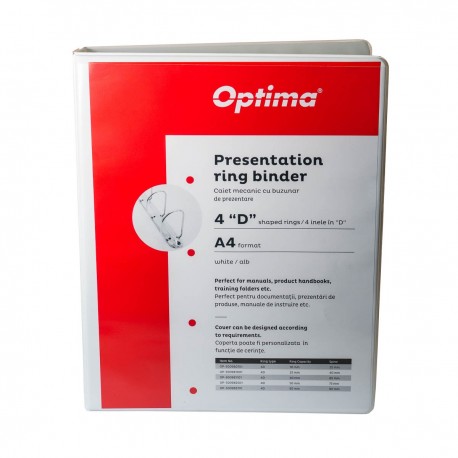 Caiet mecanic cu buzunar, plastifiat PP, 4 inele in "D", 16 mm, cotor 25mm, Optima - alb