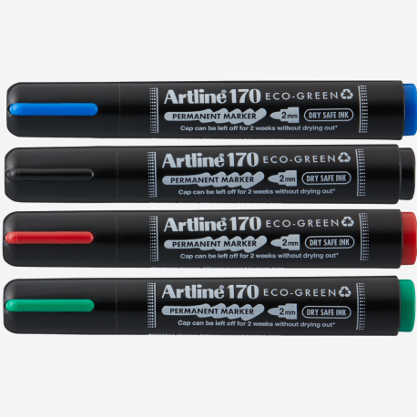 Permanent marker ARTLINE 170 Eco Green - Dry safe 2 weeks, corp plastic, varf rotund 2.0mm, 4 culori