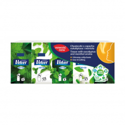 Servetele sanitare albe, 3 straturi, 10buc/pachet, 10pachete/tipla, VELVET Eucalyptus si Menthol