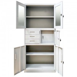 Dulap metalic Premium Asamblat usi sticla cu 3 rafturi, 3 sertare si seif 900x400x1800 mm (LxlxH), 50 kg/polita, PLUS