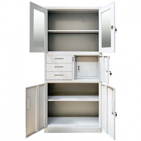 Dulap metalic Premium Asamblat usi sticla cu 3 rafturi, 3 sertare si seif 900x400x1800 mm (LxlxH), 50 kg/polita, PLUS