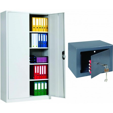 Set: Fiset metalic Premium 4 polite+baza, 900x400x1800 mm (LxlxH) + Seif metalic cu cheie 170x230x170 mm (HxLxl), Negru, PLUS